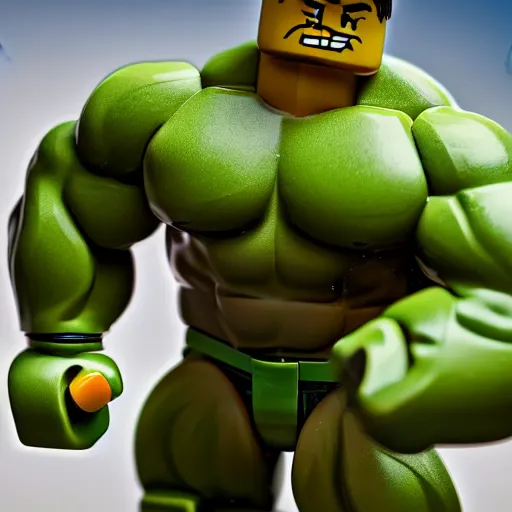 Image similar to bodybuilder hulk as a lego figure, 4k, high detail, high-resolution photograph, professional photography, ultra-detail, lego