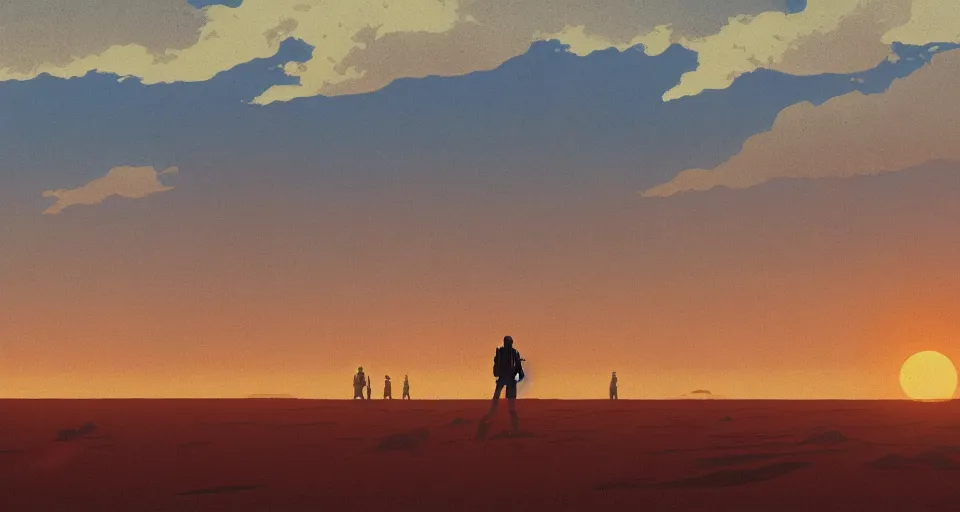 Image similar to beautiful wide shot tatooine landscape, Luke skywalker sunset, little domes, Star Wars a new hope 1977, studio ghibli, Miyazaki, Greg rutkowski, Alphonse mucha, Moebius, golden hour, highly detailed, hdr, vivid color, 70mm