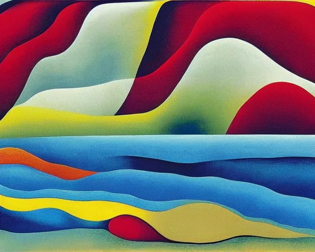 Image similar to An insane, modernist landscape painting. Wild energy patterns rippling in all directions. Curves, organic, zig-zags. Saturated color. Mountains. Clouds. Rushing water. Georgia O'Keeffe. Zao Wou-ki. Yves Tanguy.