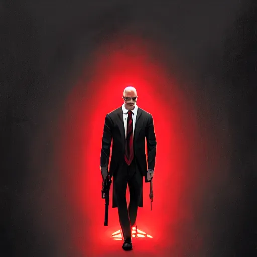 Prompt: a symmetrical portrait of agent 4 7 from hitman holding a rifle, dark background, red rim light, highly detailed, digital art, artstation, concept art, smooth, sharp focus, greg rutkowski, wlop