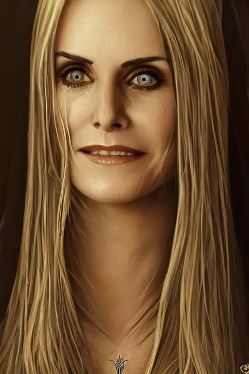 Image similar to young blonde courteney cox as a witch, detailed full body portrait, amazing detail, intricate, elegant, photorealistic, 4K, character design, fantasy, trending on artstation