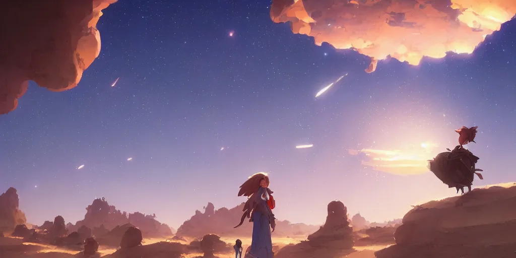 Image similar to desert with sky with stars by studio ghibli, pixar and disney animation, sharp, anime key art by rossdraws greg rutkowski craig mullins, bloom, back lighting