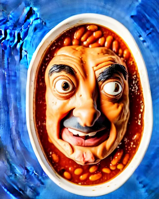 Image similar to portrait of mr bean smiling in a bowl full of baked beans, his face made of beans and tomato sauce, mr bean face, oil painting, highly detailed