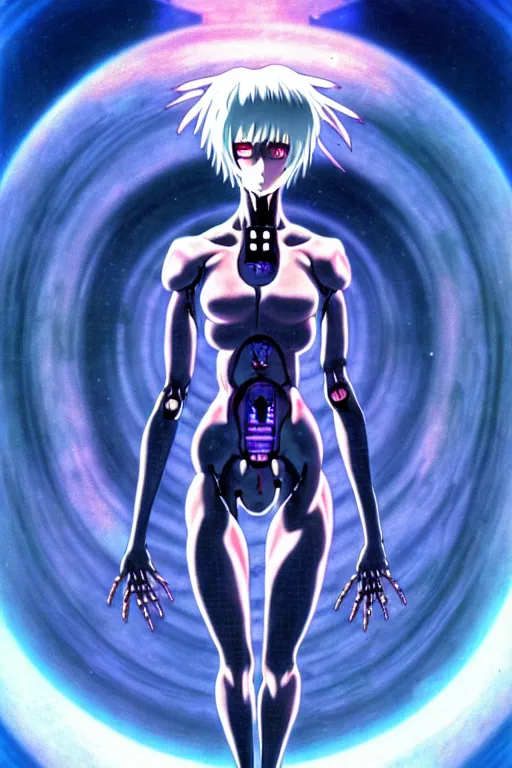 Image similar to female anime character rei ayanami cyborg in the center giygas epcotinside a space station eye of providence beksinski finnian vivid hr giger to eye hellscape mind character environmental