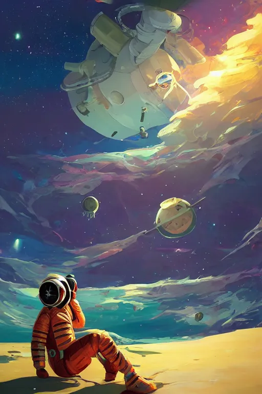 Image similar to astronaut sitting on an alien beach, watching the planets, psychedelic vegetation, art gta 5 comics, official fanart behance hd artstation by jesper ejsing, by rhads, makoto shinkai and lois van baarle, ilya kuvshinov, ossdraws radiating a glowing aura cgi rtx 2 0 2 2