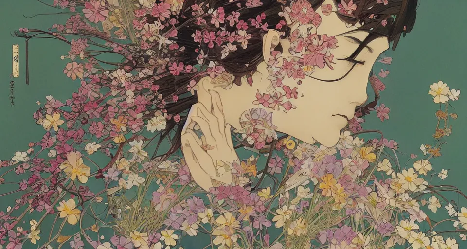 Image similar to oil painting, long shot, beautiful floralpunk japanese bio mechanical female illustration detailed patterns art of japan traditional dress, flower pop art, floral splash painting, art by ashley wood, alphonse mucha, makoto shinkai, geof darrow, dark shadow