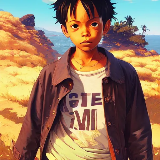 Image similar to highly detailed portrait kid luffy in gta v, stephen bliss, unreal engine, fantasy art by greg rutkowski, loish, rhads, ferdinand knab, makoto shinkai and lois van baarle, ilya kuvshinov, rossdraws, tom bagshaw, global illumination, radiant light, detailed and intricate environment