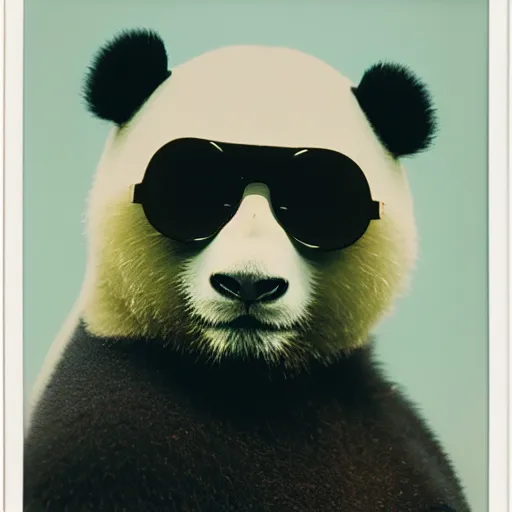 Image similar to grainy head to shoulder portrait polaroid film photograph of a panda in a mall wearing aviator shades. super resolution. surreal. extremely detailed. polaroid 6 0 0 film. by annie leibovitz and richard avedon