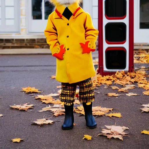 Prompt: anthropomorphic cute kitten wearing a yellow raincoat and yellow boots getting on the school bus on the first day of kindergarten, with colorful fall leaves and light rain, by Wes Anderson