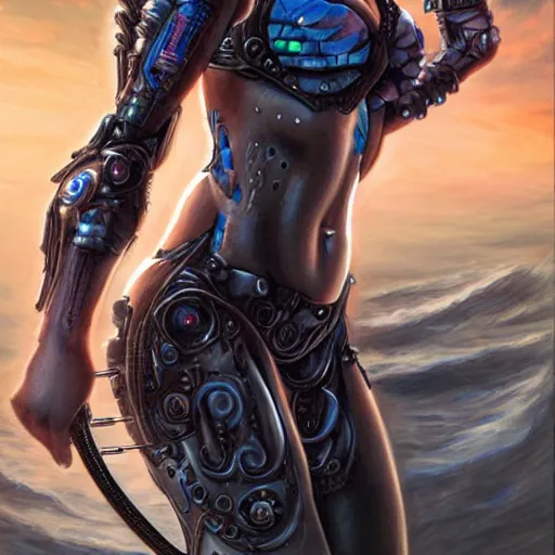 Image similar to mermaid cyborg with a laser whip, realistic, detailed, uncropped, fantasy art