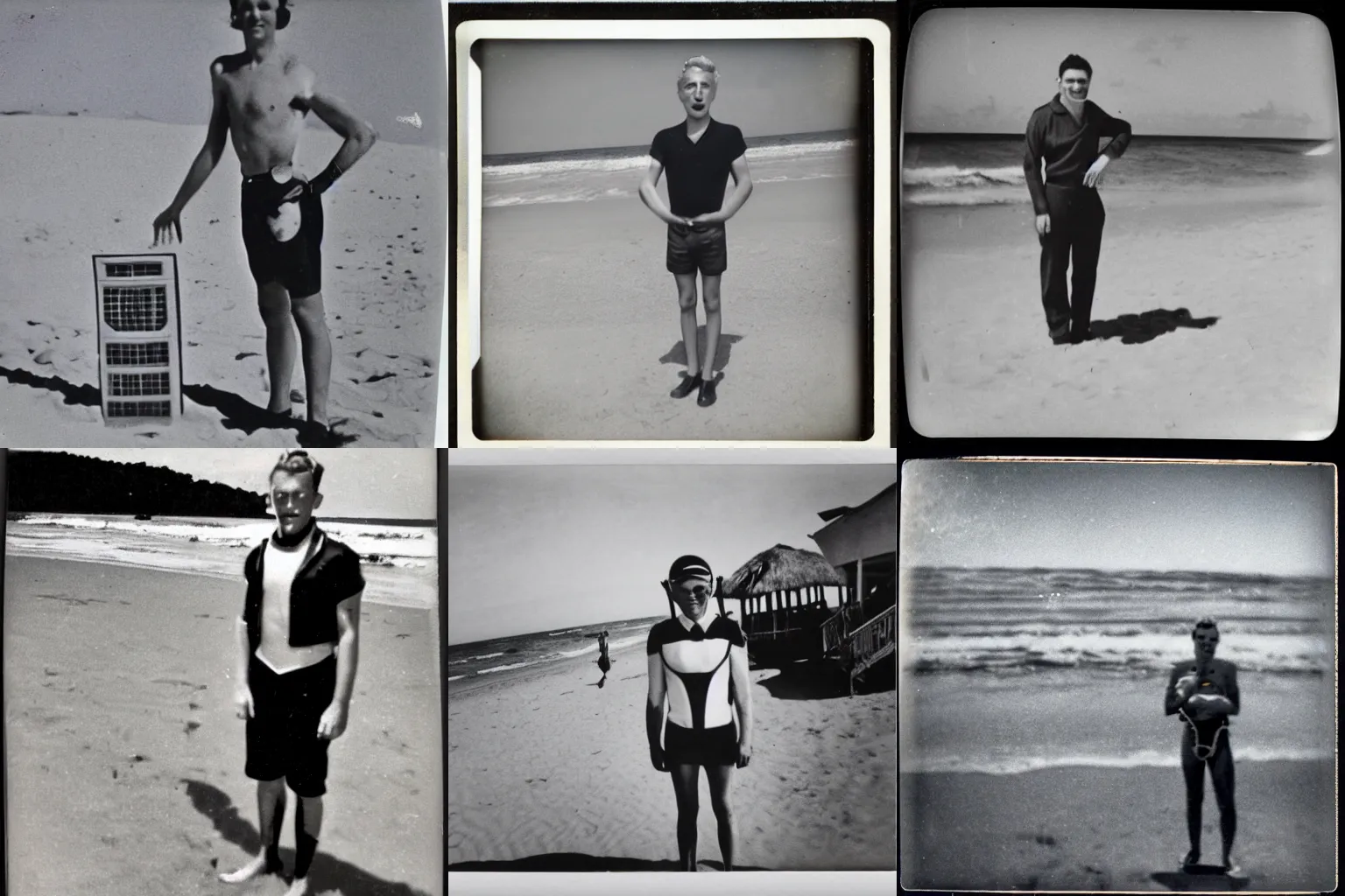 Prompt: classified 1950s polaroid photo of a time-traveler from the year 3000 standing on a beach next to his time machine