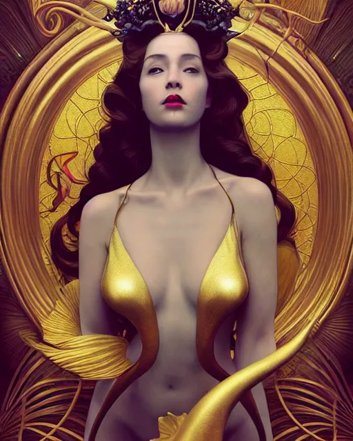 Image similar to a beautiful goldfish woman, pinup pose, long hair, tall and thin, wearing dozens of pendants and a gown of gold, small delicate crown of the sea on her head, illustration, symmetry accurate features, volumetric light clouds, ultra realist soft painting, (art nouveau), octane render, 8k, HD, by Tom Bagshaw, Brom, Charlie Bowater, faces by otto schmidt