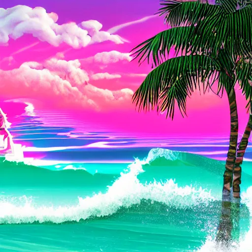 Prompt: the vaporwave beach