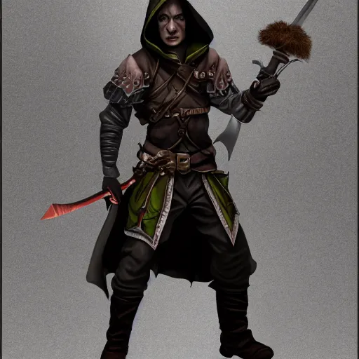 Prompt: a rogue from d&d, hooded, uplit, highly detailed, armed with two swords, photo realistic, cinematic-n 4