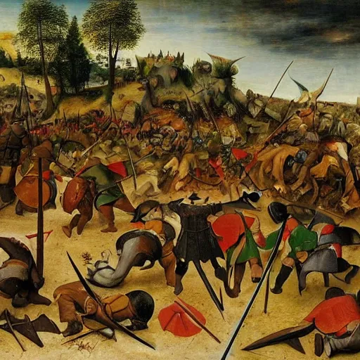 Image similar to a beautiful installation art of a battle scene from the lord of the rings. by pieter bruegel the elder