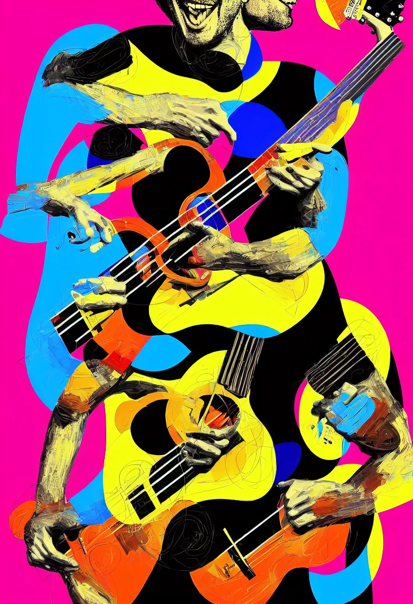 Prompt: asymmetry!! random smiling funny guy with guitar, pop art, aesthetic art, 8 k, asymmetrical, high details, digital painting, concept art, smooth, beautiful, full body perfect, sharp focus, illustration, intricate, art by arstation and mimmo rotella, pixels art by paul robertson