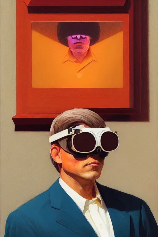 Image similar to Satoshi Nakamoto wearing oculus and bitcoin over his head Edward Hopper and James Gilleard, Zdzislaw Beksisnski, highly detailed