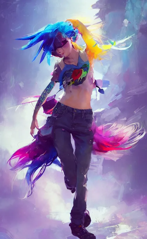 Image similar to a kawaii woman with rainbow hair dancing, kawaii shirt and jeans, In style of Yoji Shinkawa, wojtek fus, by Jordan Grimmer and greg rutkowski, concept art, highly detailed