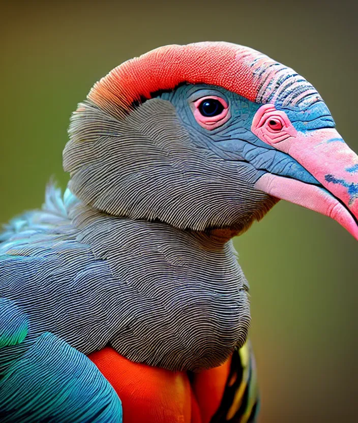 Prompt: a high resolution realistic close up photo portrait of a rhino birdlike creature made of birds merged, bower bird creature kangaroo wrinkles pheasant, complex feathers exotic morphing hoopoe, zebra morphing wings king vulture head