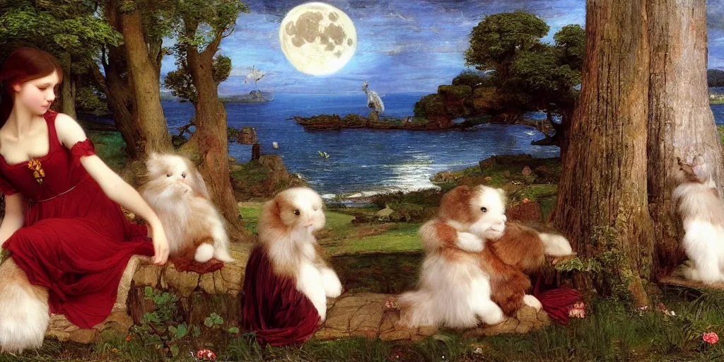 Image similar to 3 d precious moments plush animal, realistic fur, moonrise by the sea, master painter and art style of john william waterhouse and caspar david friedrich and philipp otto runge