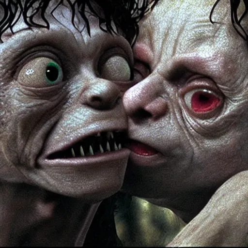 Image similar to gollum kissing frodo in lord of the rings by peter jackson, still, very photorealistic