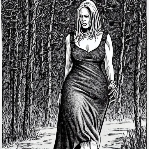 Prompt: tall slender woman with long grey hair in a black dress walking out of a swamp, highly detailed, digitally painting, elaborate, by ec comics,