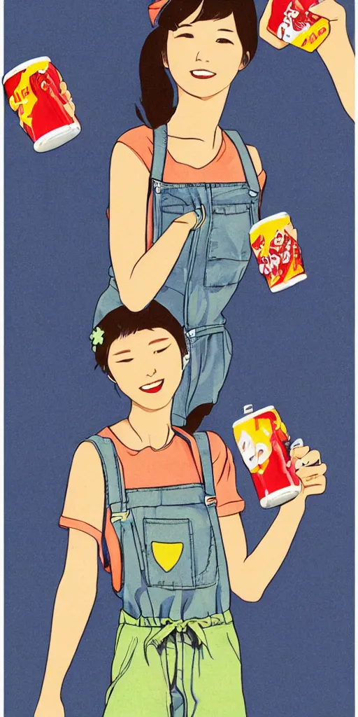 Image similar to y 2 k aesthetic japanese pop - culture magazine illustration, girl in tank - top and denim jump suit holding a can of soda near her smiling face