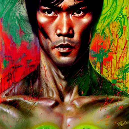 Image similar to a demon slayer portrait of bruce lee, tall, pale - skinned, and slender with lime green eyes and long eyelashes by stanley artgerm, tom bagshaw, arthur adams, carne griffiths, trending on deviant art, street art, face enhance, chillwave, maximalist, full of color, glittering