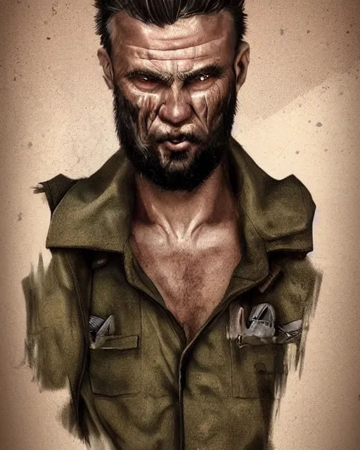 Image similar to portrait of muscular, tired and alcoholic 3 0 - year - old grieving man with short darkblonde hair, serious sad look in his eyes, looking down, dirty beard, blue eyes, crying tears, wearing dirty soldier uniform, on the desert, sad atmosphere, hyper realistic face, character art, art by mark brooks, cryengine, trending on artstation, digital art