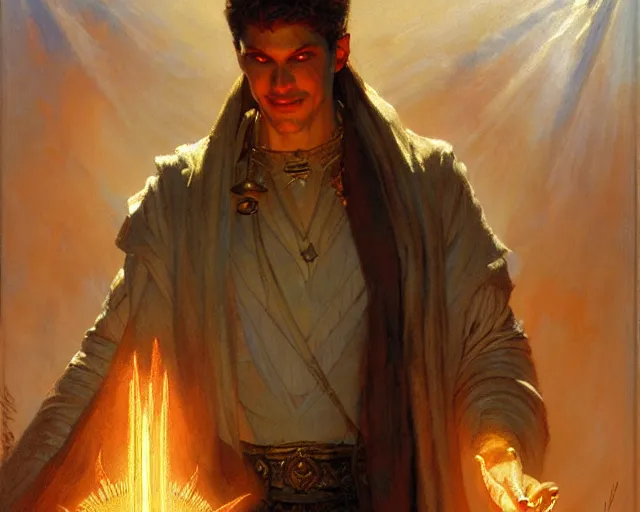 Image similar to attractive male deity, casting demonic magic, summoning handsome lucifer morning star. highly detailed painting by gaston bussiere, craig mullins, j. c. leyendecker 8 k