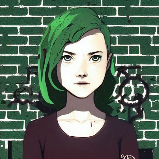 Image similar to Highly detailed portrait of a post-cyberpunk young lady with, freckles and beautiful hair by Atey Ghailan, by Loish, by Bryan Lee O'Malley, by Cliff Chiang, inspired by image comics, inspired by graphic novel cover art, inspired by nier, inspired by scott pilgrim !! Gradient green, black and white color scheme ((grafitti tag brick wall background)), trending on artstation
