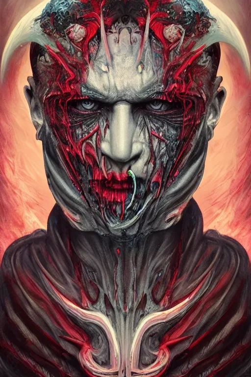 Prompt: nightmare portrait of the Devil Lucifer demon,full character, melting ,8k,by tristan eaton,Stanley Artgermm,Tom Bagshaw,Greg Rutkowski,Carne Griffiths, Ayami Kojima, Beksinski, Giger,trending on DeviantArt,face enhance,hyper detailed,minimalist,horror, android, full of colour