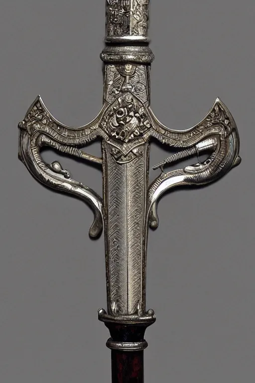 Image similar to sword of justice hanging on a wall, ornate gem in pommel, engraved blade, herringbone floor