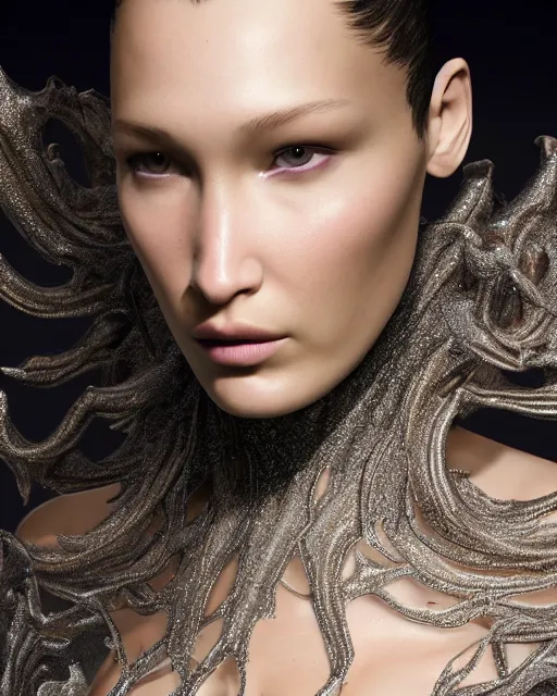 Image similar to a highly detailed metahuman 8 k close up render of bella hadid in iris van herpen victoria secret made in unreal engine 4