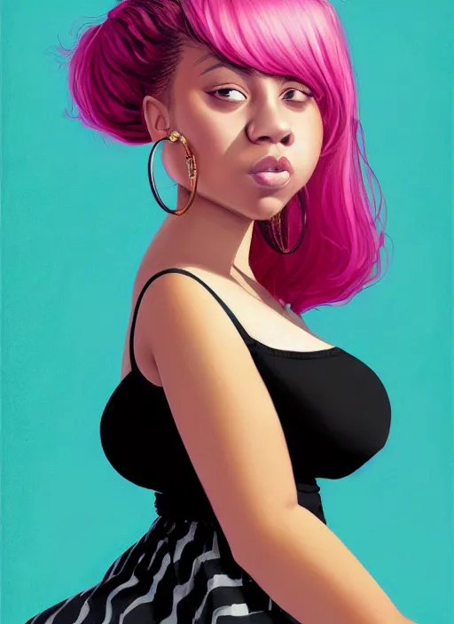 Image similar to full body portrait, teenage vanessa morgan, pink hair, obese, black girl, curly pixie hair, sultry, realistic, short hair, hoop earrings, skirt, shirt, fat, belly, intricate, elegant, highly detailed, digital painting, artstation, concept art, smooth, sharp focus, illustration, art by wlop, mars ravelo and greg rutkowski