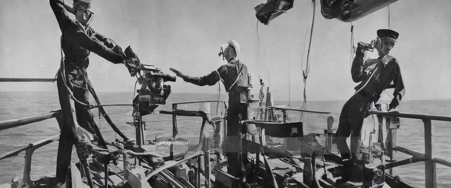 Prompt: detailed sharp portrait photograph in the style of popular science circa 1 9 5 5 of a sailor standing on the bridge of a ship look through binoculars