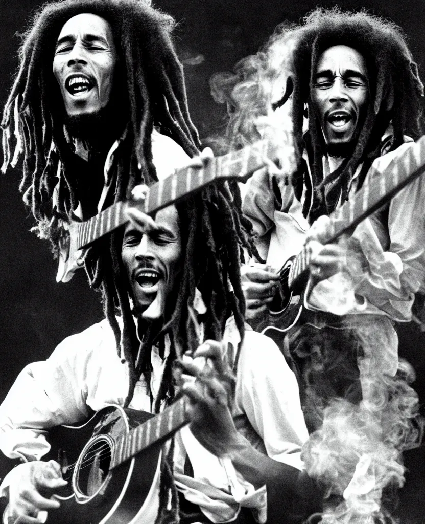 Prompt: bob marley playing the guitar and smoking