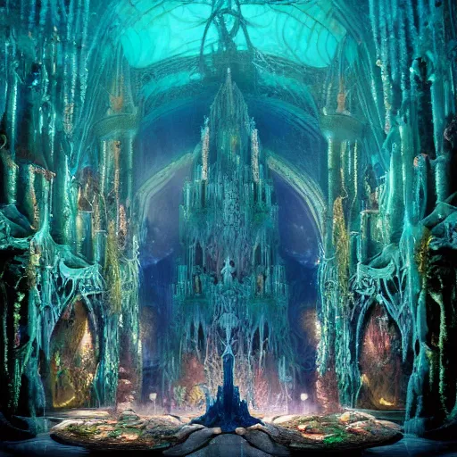 Prompt: an intricate photograph of an underwater cathedral at the bottom of the ocean surrounded by mermaids by david lachapelle, dark and scary abyssal ambient, photorealistic, octane render, unreal engine, 4 k, smooth lighting, subaquatic photography,