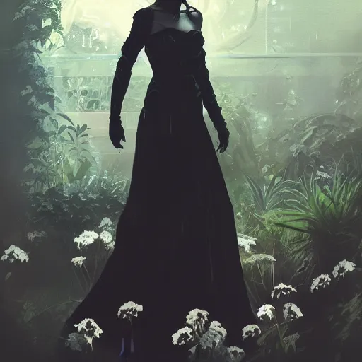 Prompt: portrait of a woman in a black dress standing in an elegant greenhouse garden, dramatic lighting, illustration by greg rutkowski, yoji shinkawa, 4 k, digital art, concept art, trending on artstation