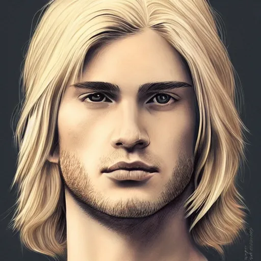 Image similar to a young blond man with long hair wearing a brown shirt, clean shaved, a character portrait by lydia field emmet, trending on cg society, photorealism, wiccan, handsome, ilya kuvshinov