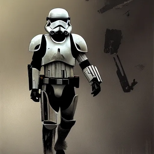 Prompt: an imperial stormtrooper walking, full body photography, extremely long shot, long shot, full-length, head-to-toe, concept art by Doug Chiang cinematic, realistic painting, high definition, concept art, the Mandalorian concept art style