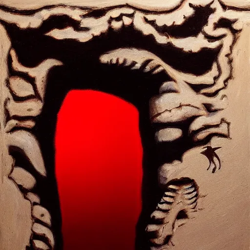 Image similar to surrealist painting of a door made of teeth in a cavern wall, red lighting with blue shadows