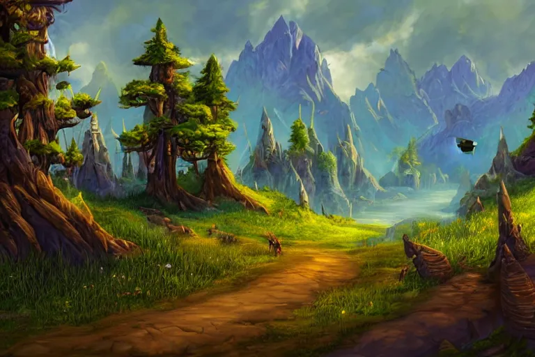Image similar to world of warcraft environment with trees and a huge stage in the center and birds flying, rocky mountains and a river, beautiful, concept