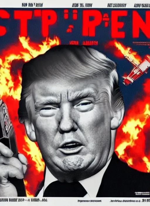 Image similar to an 8 0's john alvin action movie poster of donald trump starring in dumpster fire. explosions.