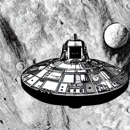 Prompt: black and white drawing of a landed spaceship with greebles, star wars, Nostromo, galactica