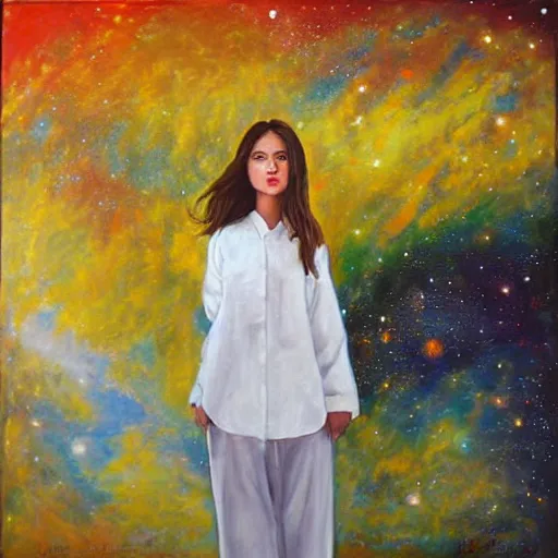 Image similar to painting, girl with beautiful face in white shirt, vast spaces, cosmic background