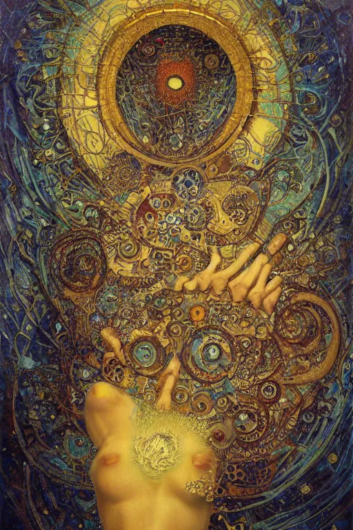 Image similar to Machinery of Fate by Karol Bak, Jean Deville, Gustav Klimt, and Vincent Van Gogh, enigma, otherworldly, fractal structures, arcane, ornate gilded medieval icon, third eye, spirals