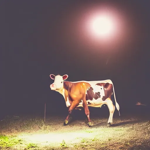 Prompt: closeup, a cow flying at night, flashlight, creepy, cinematic dramatic atmosphere, smooth, sharp focus, cinematic shot, movie scene, horror movie