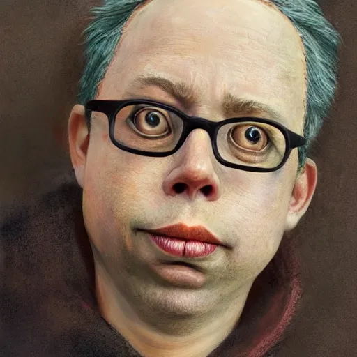 Image similar to a beautiful photorealistic portrait of todd solondz, made of clay covered in clay stained with mud, detailed, sharp focus, by stanley artgerm lau, wlop, rossdraws, james jean, andrei riabovitchev, marc simonetti, yoshitaka amano