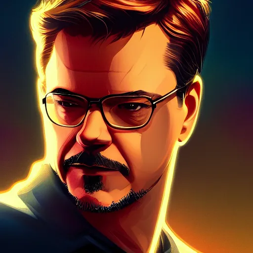 Prompt: Matt Damon as Tony Stark, ambient lighting, 4k, alphonse mucha, lois van baarle, ilya kuvshinov, rossdraws, artstation